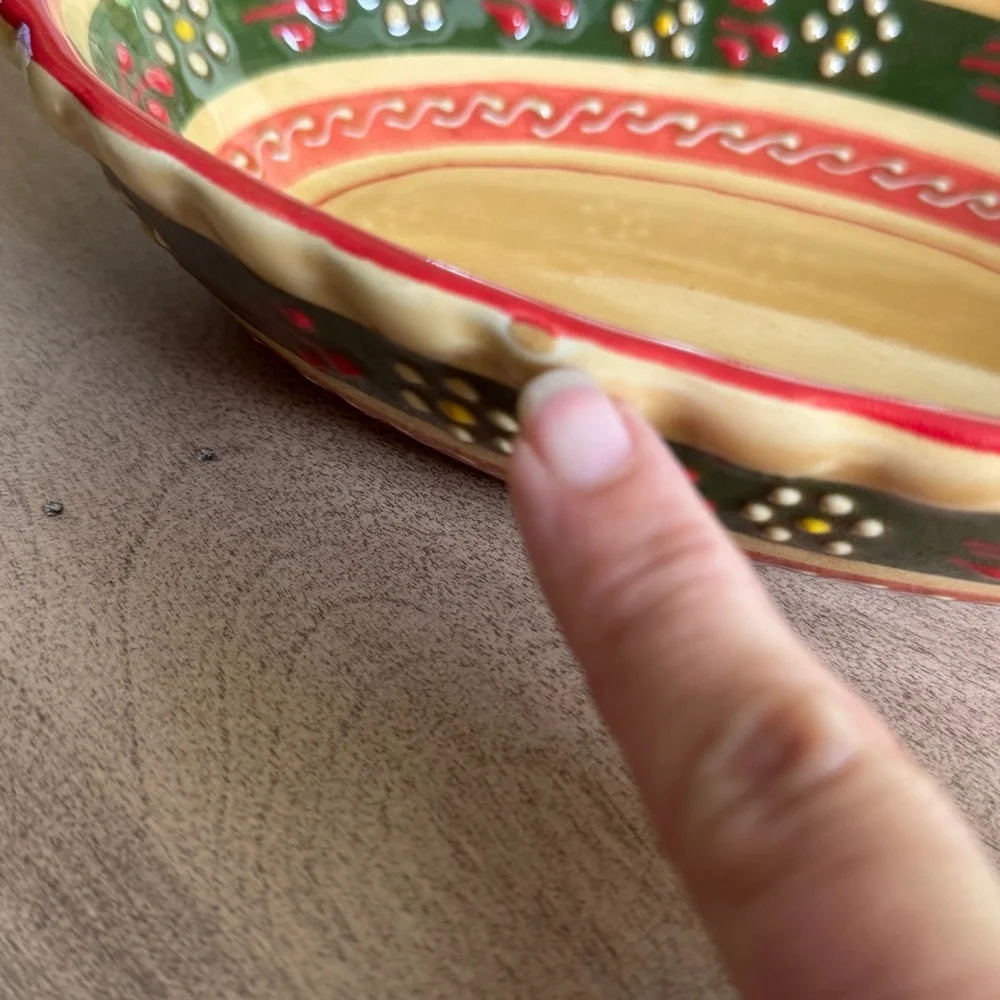 Hand Painted Ceramic Oval Serving Bowl Scalloped Rim Floral Folk Art Red Green